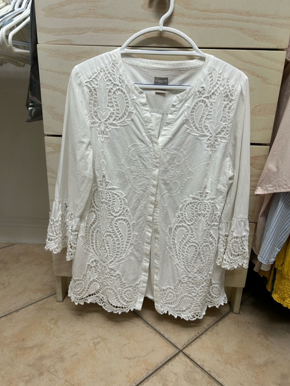 Chico's White Crochet-Trim Embroidered Button down shirt